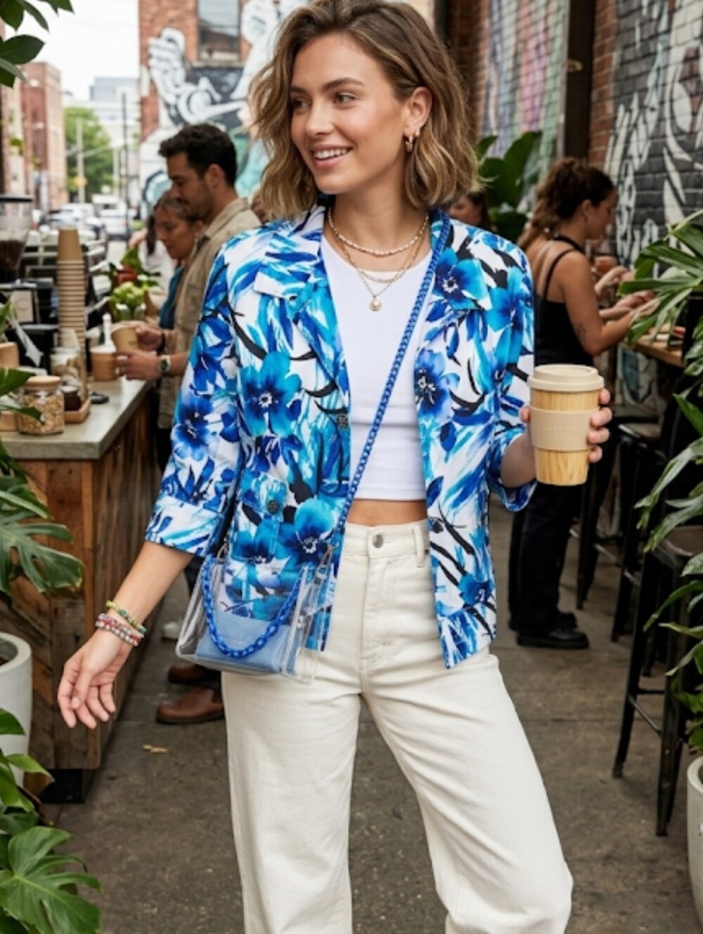 Blue Turquoise Floral Jacket/Blazer Womens size Large Would Fit XL EUC